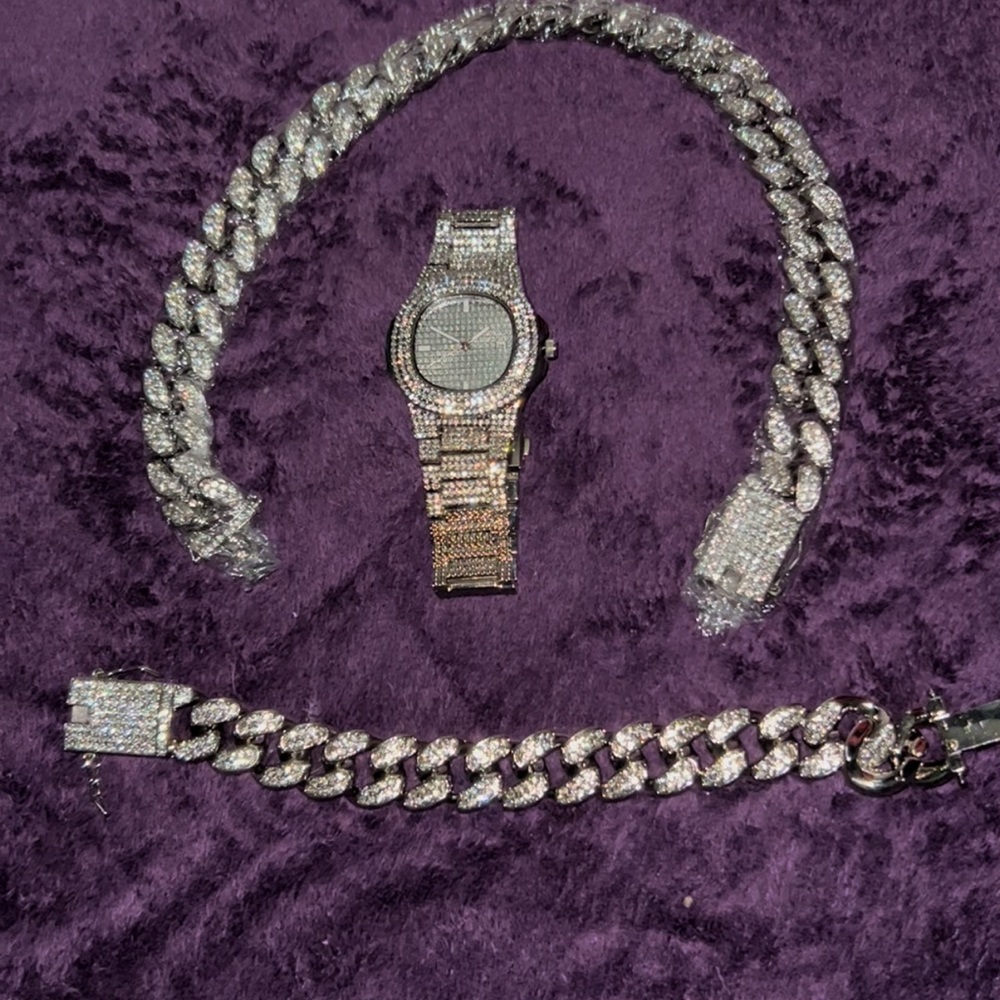 Icy vvs1 diamond necklace, watch, and bracelet authentic and brand new.